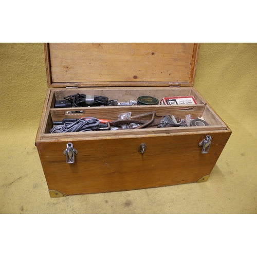 531 - Vintage Wooden Box with Tools and Electrical Bits