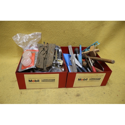 560 - 2 x Mobil Lubrication Metal Trays with Various Tools and Bits