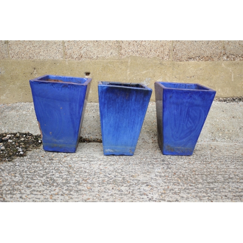 567 - 3 Tall Blue Glaze Plant Pots - 46cm Tall