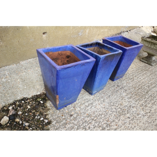 567 - 3 Tall Blue Glaze Plant Pots - 46cm Tall