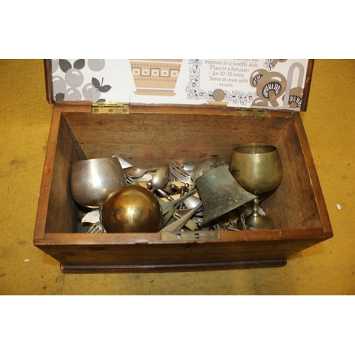 42 - Vintage Wooden Box with Mixed Selection of Metal and Plate ware