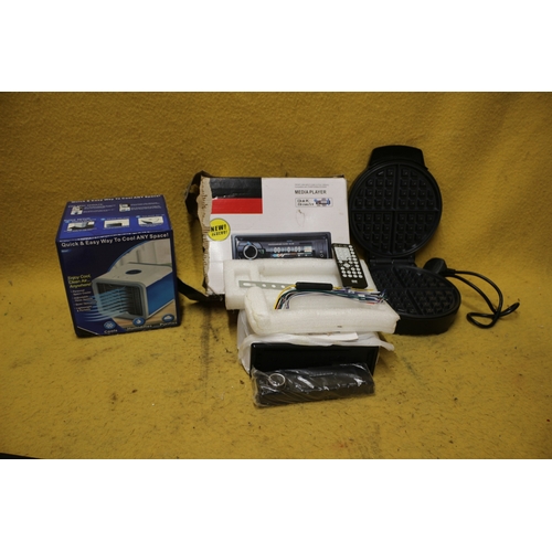 448 - New Car Media Player in Box, Air Cooler and Waffle Maker