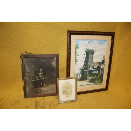 477 - Photo of a Boy, a Picture of a Windmill and a stitch Work of Flowers