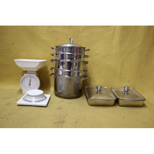 499 - Multi Level Stainless Steel Steamer with 5 Separate Pans plus Kitchen Scales and 2 Stainless Steel L... 