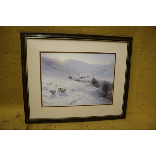 529 - Print - Sheep in Snow - The Sun Peeps O'er Yon Sothen Hill by Joseph Farquharson - 55 x 45cm