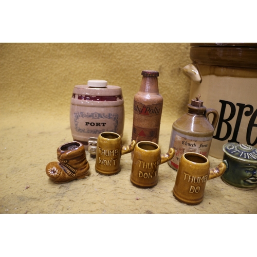 583 - Vintage Unique Pottery Mustard and Mint Pots plus Pottery Bread Bin - Unusual Thumb Won't, Thumb Do ... 