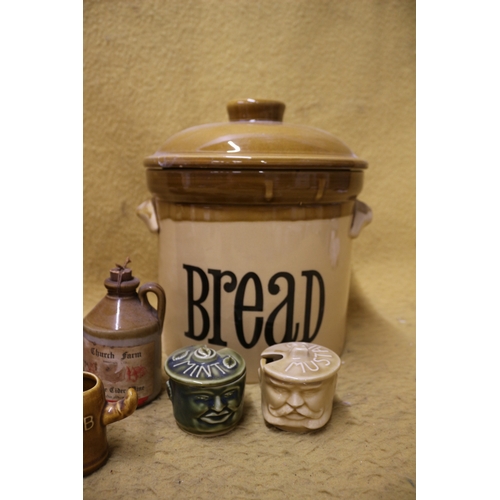 583 - Vintage Unique Pottery Mustard and Mint Pots plus Pottery Bread Bin - Unusual Thumb Won't, Thumb Do ... 