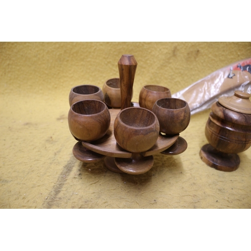 585 - Treen Hand Turned Egg Cups on Stand plus Boomerang and One Other Pot