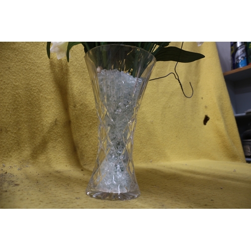 1 - Clear Glass Vase with Imitation Flowers - 25cm Tall