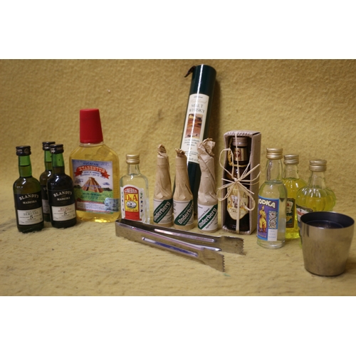 108 - Selection of 14 Various Miniature Bottles of Alcohol plus a Measuring Cup and Tongs