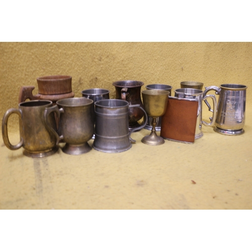 111 - Collection of Tankards, Wine Goblets and a Hip Flask