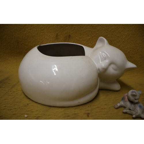 130 - Sleeping Cat Planter plus 2 Other Ceramic Cats - Largest 35cm Wide