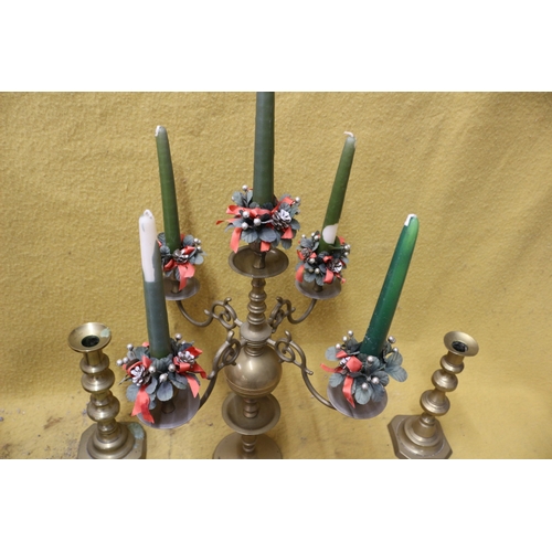 3 - Brass 4 Arm Candle Holder plus 2 x Candlesticks in Brass