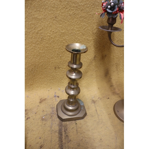 3 - Brass 4 Arm Candle Holder plus 2 x Candlesticks in Brass