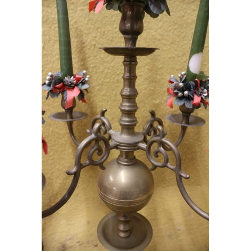 3 - Brass 4 Arm Candle Holder plus 2 x Candlesticks in Brass