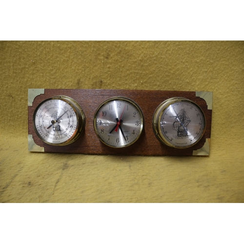 77 - Brass 3 Clocks including, Barometer, Clock and Thermometer on Wall Mountable Wooden Block - 40cm x 1... 