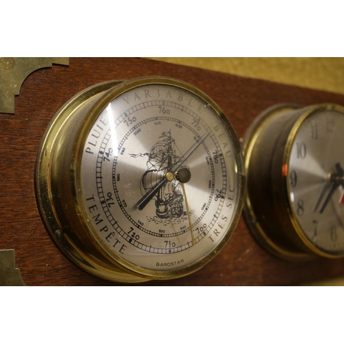 77 - Brass 3 Clocks including, Barometer, Clock and Thermometer on Wall Mountable Wooden Block - 40cm x 1... 