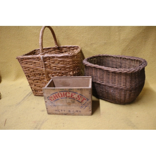 140 - 2 x Wicker Baskets plus a Wooden Storage Box