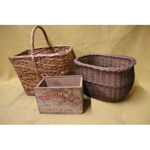 140 - 2 x Wicker Baskets plus a Wooden Storage Box