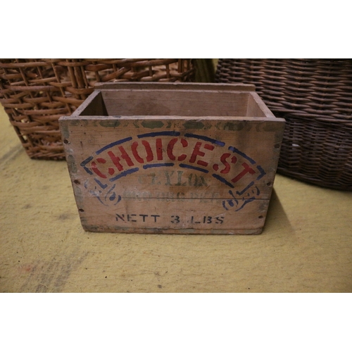 140 - 2 x Wicker Baskets plus a Wooden Storage Box