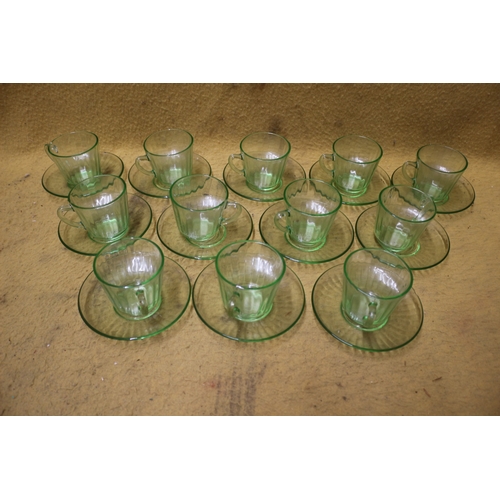 164 - Set of 12 Green Glass Cups and Saucers