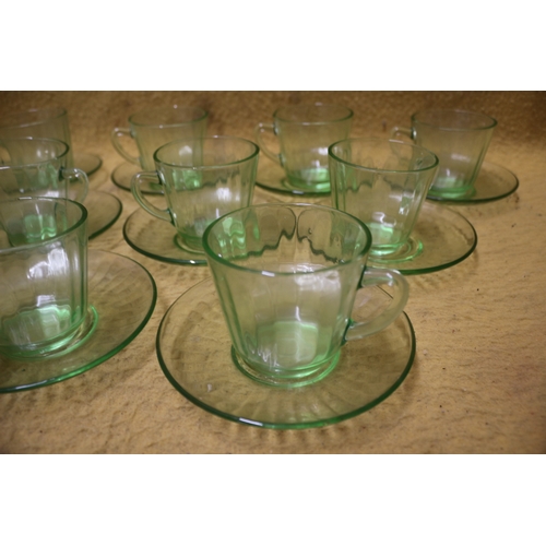 164 - Set of 12 Green Glass Cups and Saucers