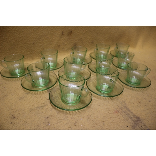 164 - Set of 12 Green Glass Cups and Saucers