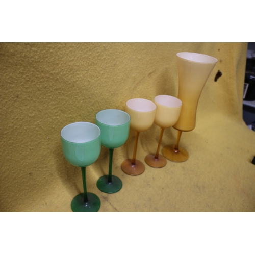 196 - Long Stemmed Coloured Glass Wine Glasses plus a Large Glass Vase - Tallest 35cm