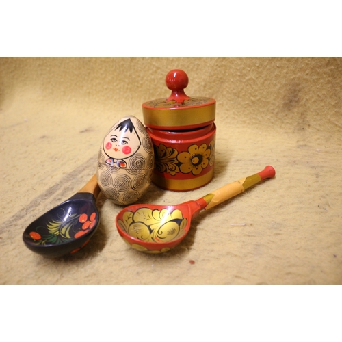 204 - Selection of Highly Coloured, Hand Painted Russian Folklore Items including Pot, 2 x Spoons and Doll... 