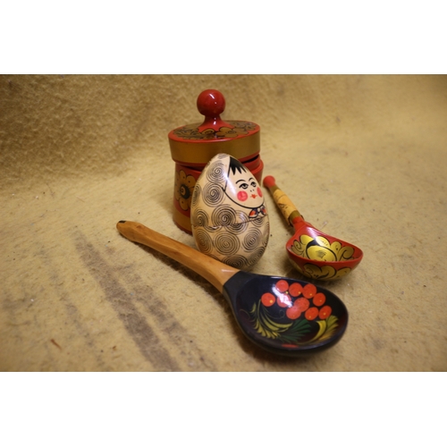 204 - Selection of Highly Coloured, Hand Painted Russian Folklore Items including Pot, 2 x Spoons and Doll... 