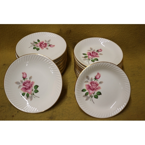 213 - Collection of 13 Dinner Plates and Matching Side Plates with Pink Rose Design with Gold Rim