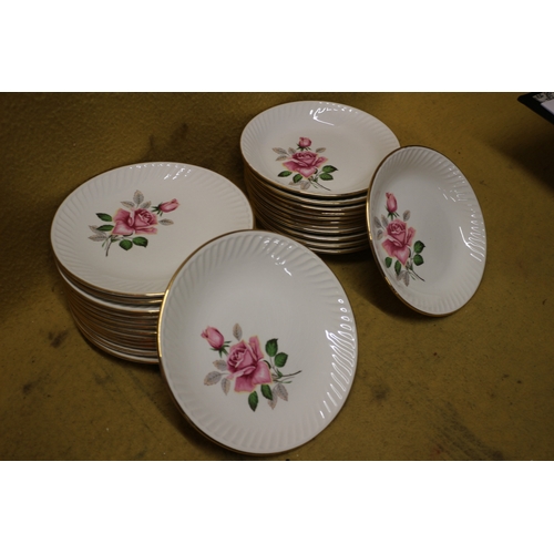 213 - Collection of 13 Dinner Plates and Matching Side Plates with Pink Rose Design with Gold Rim