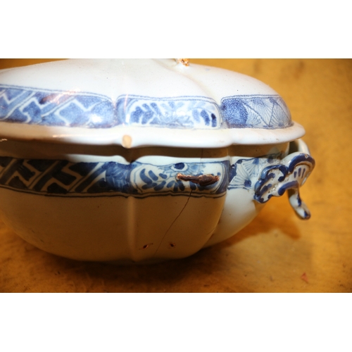 229 - Antique Serving Bowl in Blue and White with Fruit Top Handle on Lid. Aged Staple Repairs and a few c... 