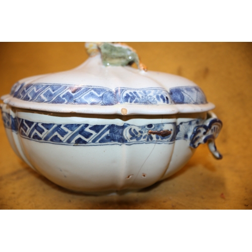 229 - Antique Serving Bowl in Blue and White with Fruit Top Handle on Lid. Aged Staple Repairs and a few c... 