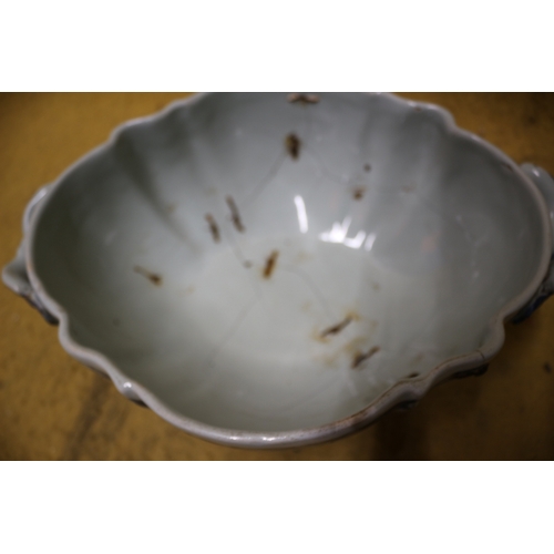 229 - Antique Serving Bowl in Blue and White with Fruit Top Handle on Lid. Aged Staple Repairs and a few c... 