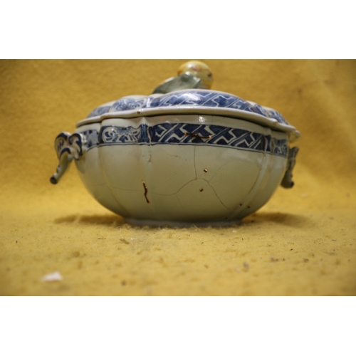 229 - Antique Serving Bowl in Blue and White with Fruit Top Handle on Lid. Aged Staple Repairs and a few c... 