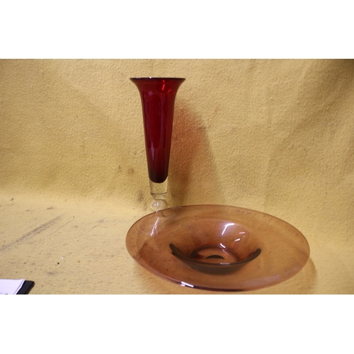 251 - 2 Coloured Glass Items; Tall Vase and Wide Rimmed Bowl