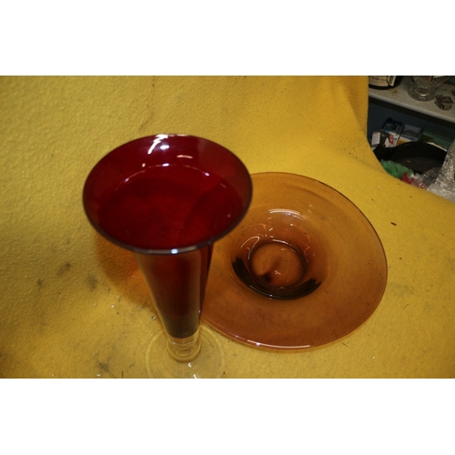 251 - 2 Coloured Glass Items; Tall Vase and Wide Rimmed Bowl