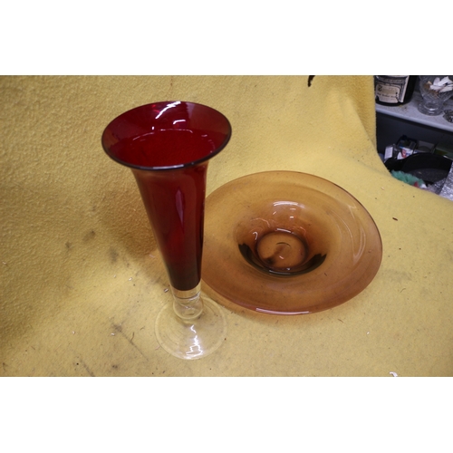 251 - 2 Coloured Glass Items; Tall Vase and Wide Rimmed Bowl