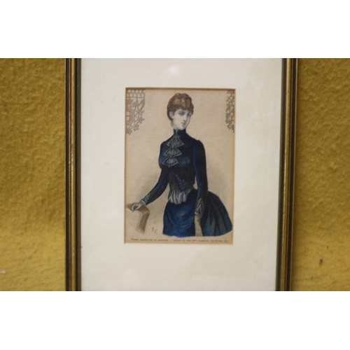 262 - French Etching of a Lady in Blue Dress - 25 x 22cm