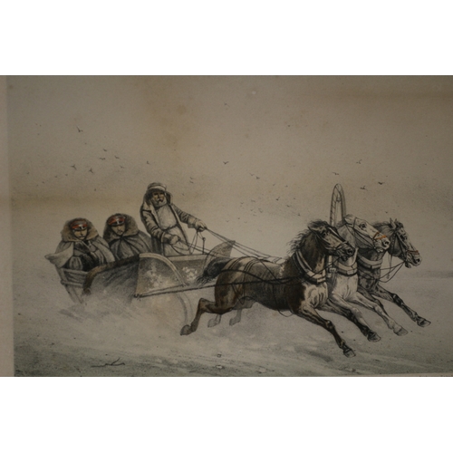 292 - Print of Russian Soldiers in a Sleigh Pulled by Horses at Speed - 35 x 34cm