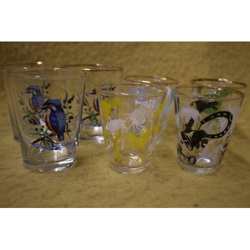 377 - 7 Shot Glasses - Mid Century - 3 Featuring Kingfishers