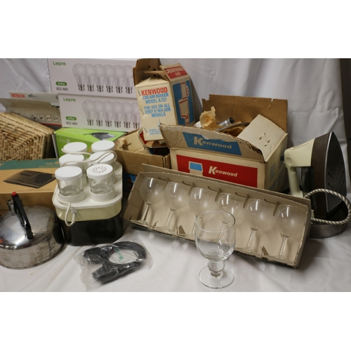 13 - Large Bundle of Household and Kitchen Appliances inc Kettles, Glassware, Telephone and Lightbulbs