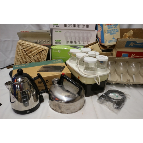 13 - Large Bundle of Household and Kitchen Appliances inc Kettles, Glassware, Telephone and Lightbulbs