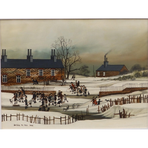 13 - Brian Shields, Braaq (1951-1997) - oil on panel -  'I'm Off' , children at play on a frozen pond, si... 