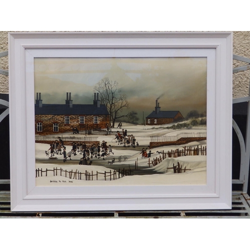 13 - Brian Shields, Braaq (1951-1997) - oil on panel -  'I'm Off' , children at play on a frozen pond, si... 