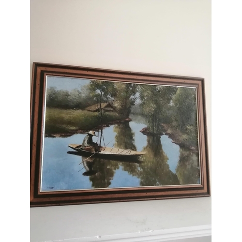 2 - Choob - oil on canvas - River scene with fisherman seated in his small boat, signed,  25