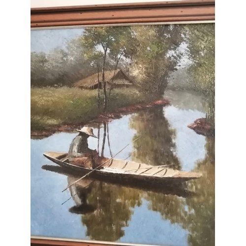 2 - Choob - oil on canvas - River scene with fisherman seated in his small boat, signed,  25