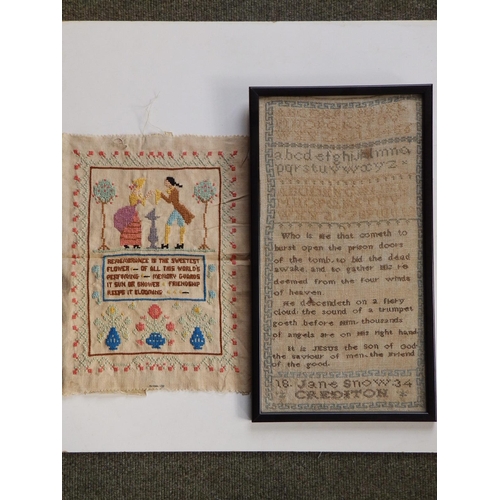 21 - A William IV silk embroidered sampler - 'Jane Snow, Crediton 1834', 17