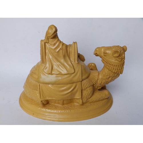 31 - A Victorian glazed caneware type camel tobacco jar with cover modelled as an arab rider, 9